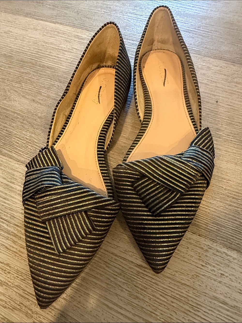 J Crew Pointed Toe Knot-Detail Women's Flats - Black with Gold Stripes